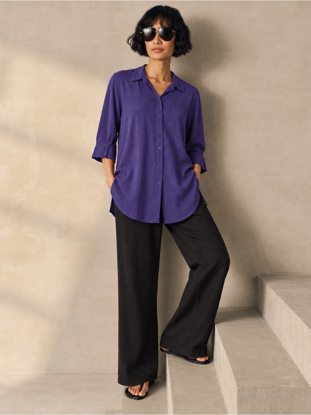 Eileen Fisher Woman 2X Purple Button Front Tunic Shirt 3/4 Sleeve Plus